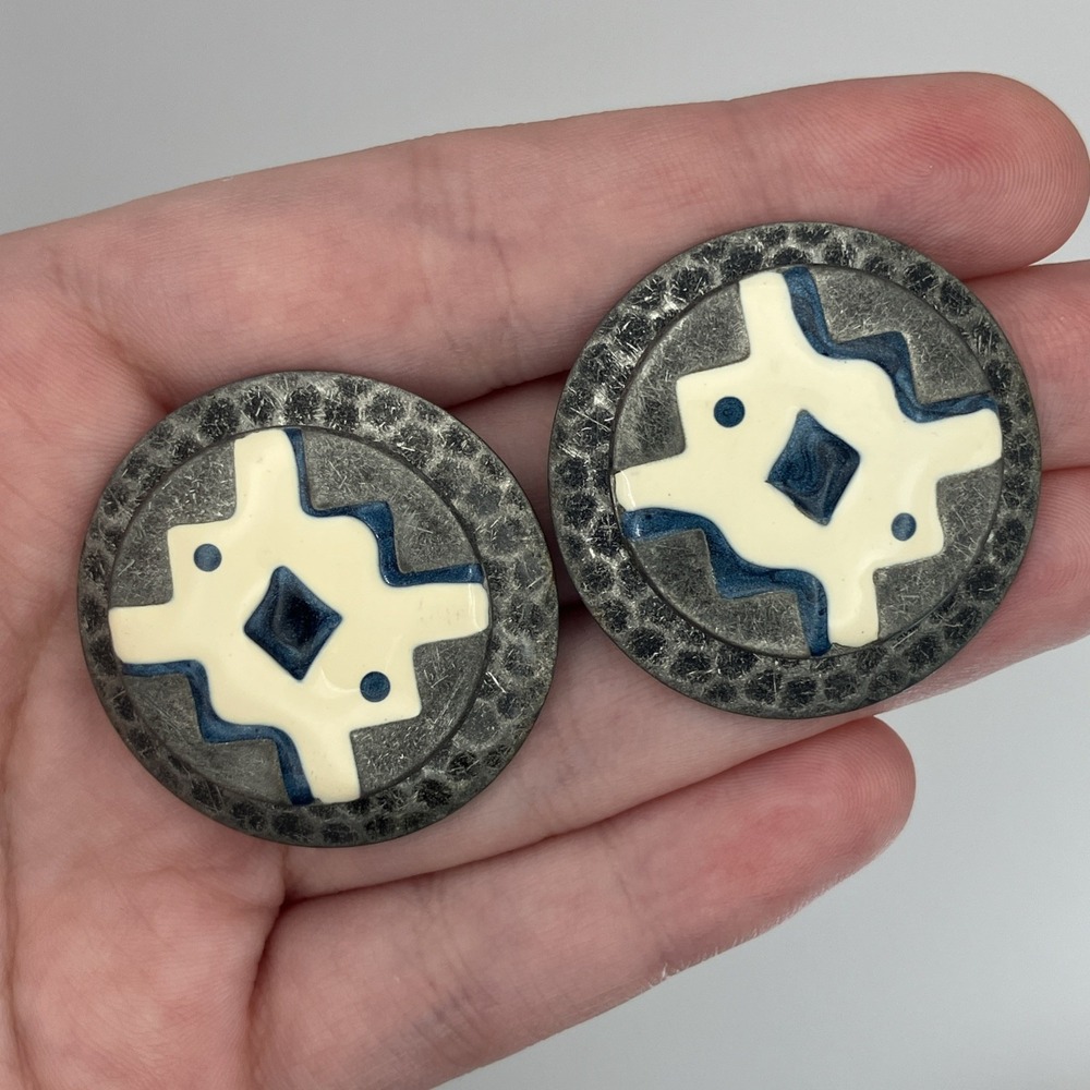 Vintage Silver Tone Southwestern Pierced Earrings Enamel Boho Chic Cowgirl Rodeo